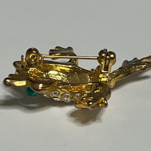 Clear Green Rhinestones Gold Tone Leaping Frog Brooch Pin 1.25" - Picture 8 of 14